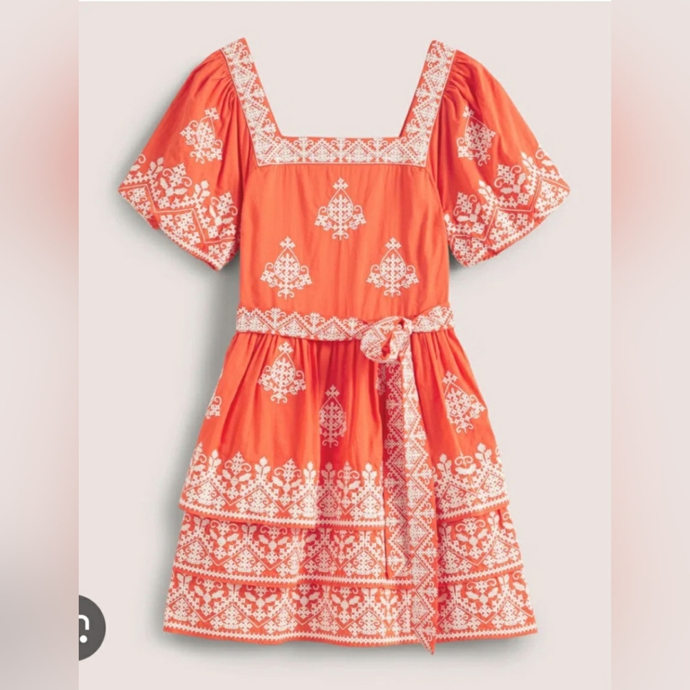 Boden Red Rara Square Neck Dress with embroidery